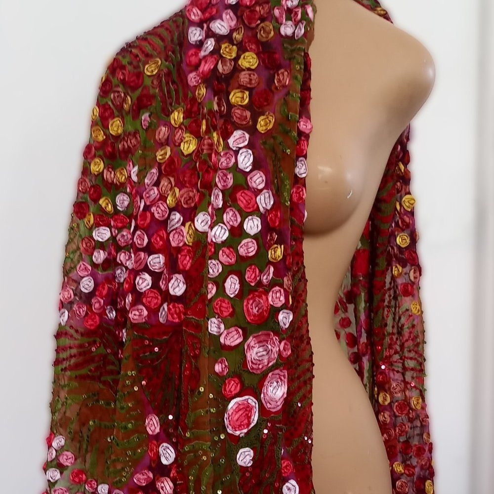 Vintage sequins and 3d roses large scarf